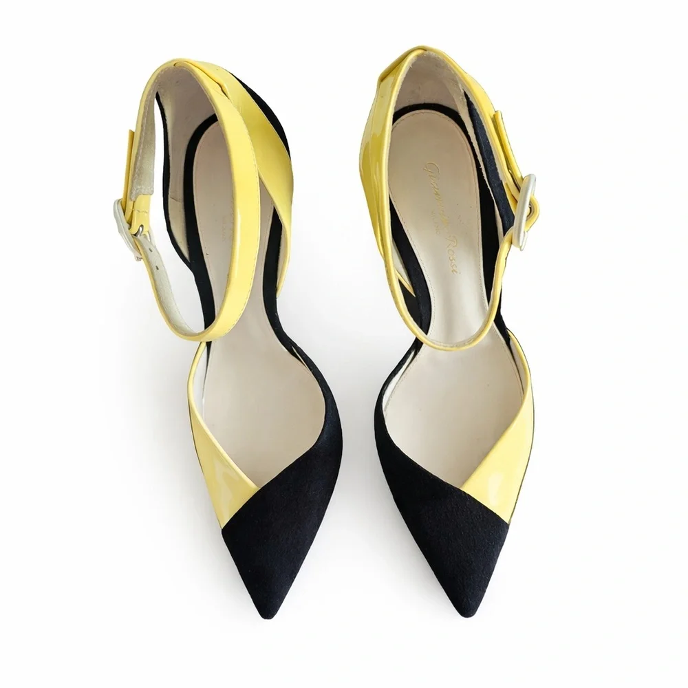 Gianvito Rossi Colorblock Heels Black Suede Yellow Patent D’Orsay PumpsEU37Italy - Picture 3 of 6